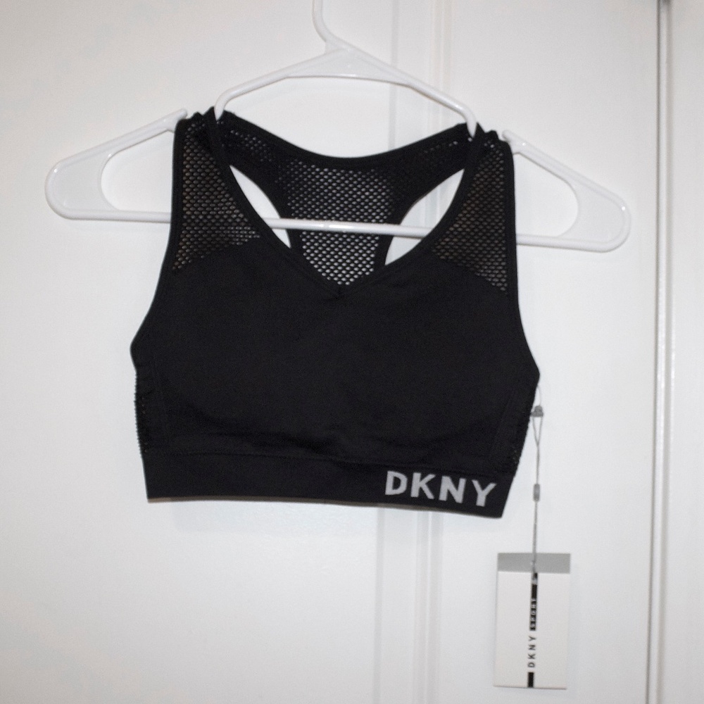 NWT DKNY Mesh Racerback Medium Impact Sports Bra in black, size XS